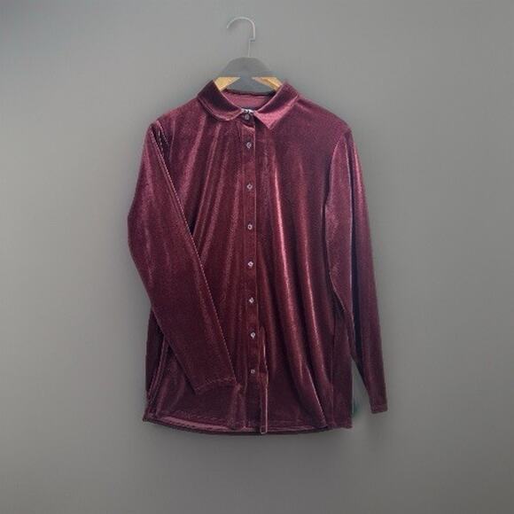 Vintage Lands End Velvet Burgundy Button Front Tunic Women M 10-12 Stretch Comfy - Picture 3 of 11